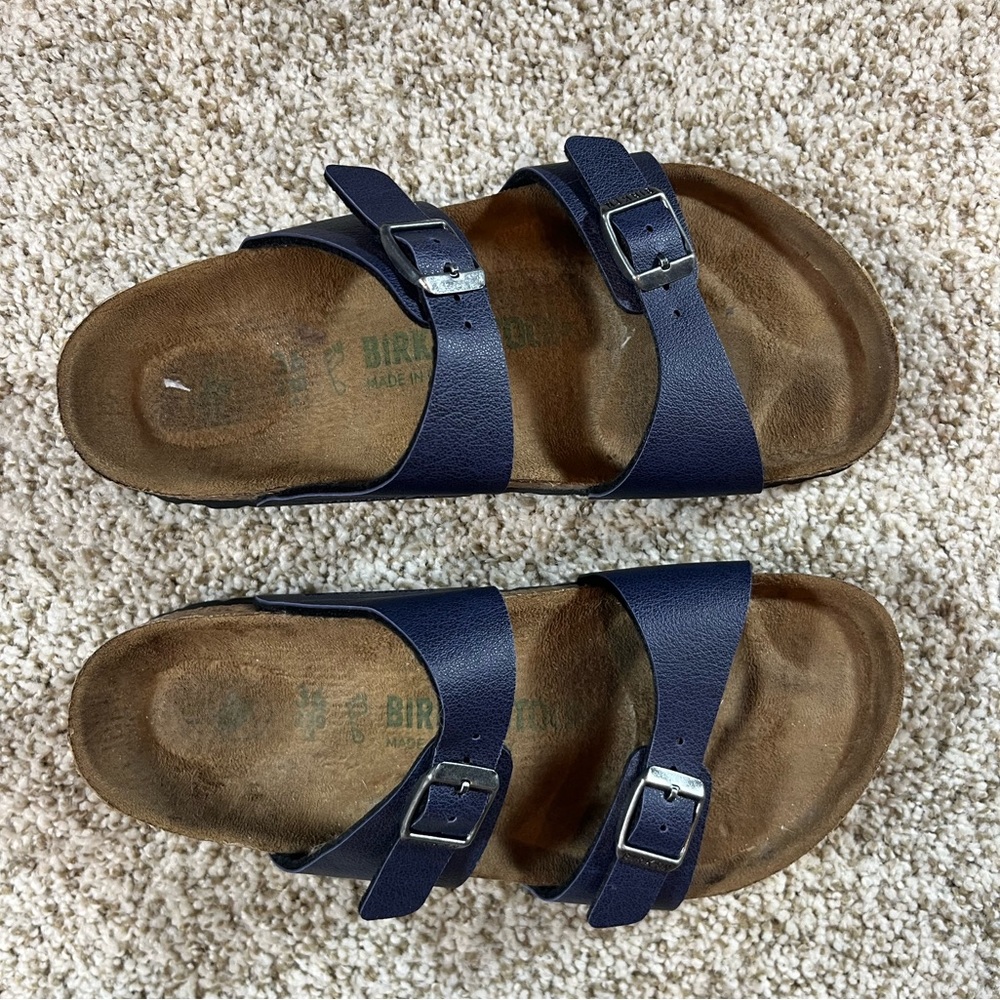 Birkenstock Navy Blue Leather Brown Slides With Buckle Closure Sandals Size 36